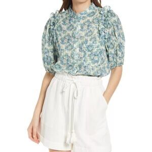 FRNCH Olga Floral Print Cotton Ruffle Top NWT XS Blue Green